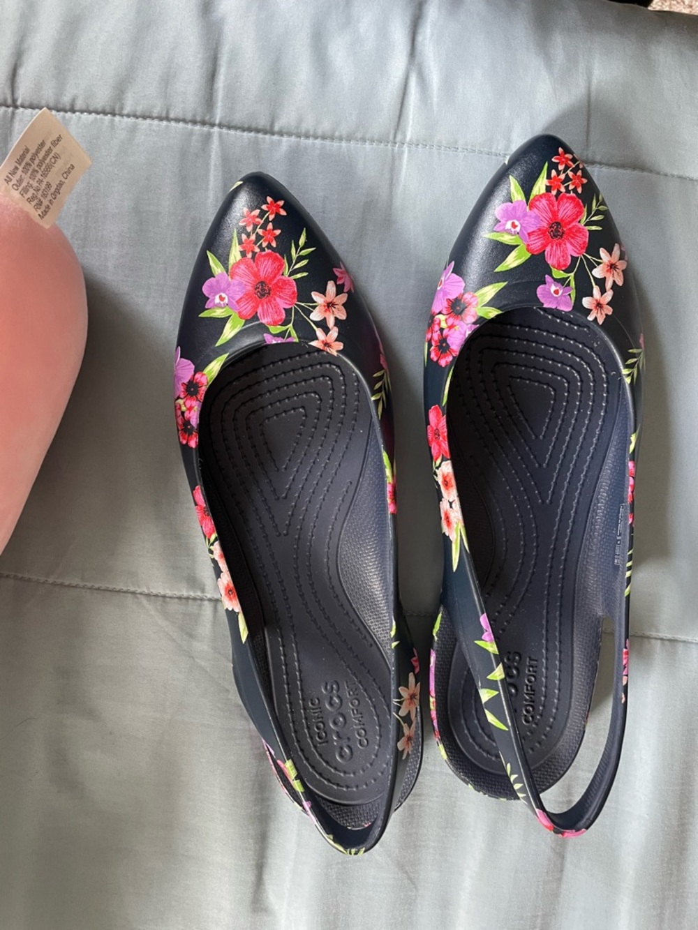 CROCS Navy Floral Pointed Slingback Flats with Pink & Red Flowers